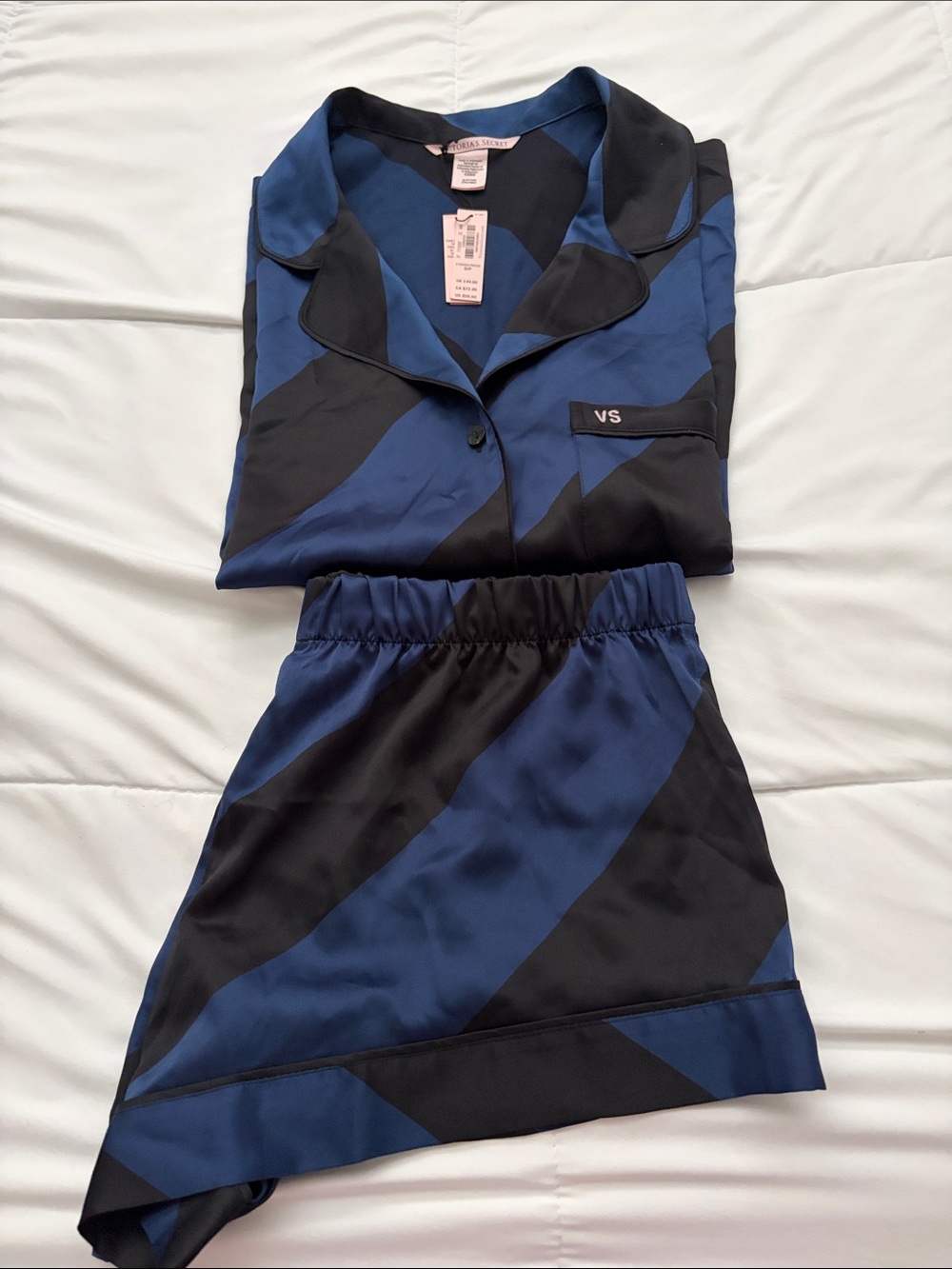 Victoria's Secret Blue & Black Satin Two-Piece Pajama Set